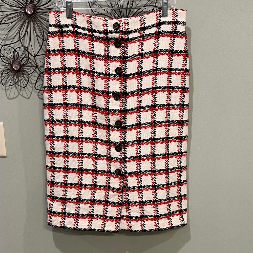 Ann Taylor Red and Navy Plaid Pencil Skirt